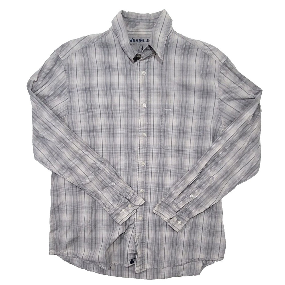 Wrangler Western Shirt Gray White Plaid Cotton Long Sleeve Mens Medium